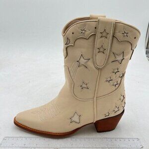 White Star Closed Pointed Toe Chunky Low Heel Short Boots Winter Date Shoes